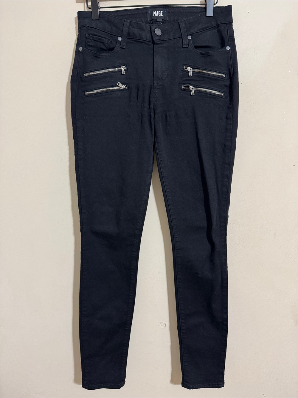 PAIGE Edgemont High Rise Skinny Jeans Black Silver Zip Detail size 29 Edgy Punk